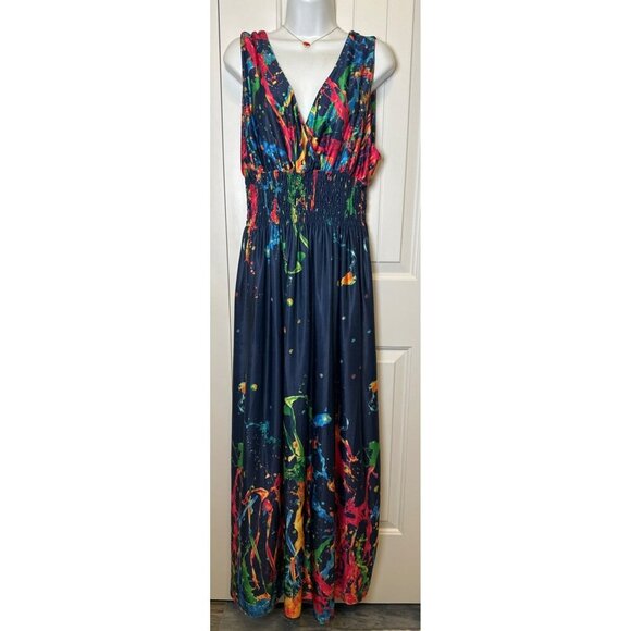 TianmeiHeyi Colorful Abstract Print Maxi Dress With V-Neck & Smocked Waist, 4XL - Picture 2 of 10